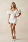 Ruffled Off-the-Shoulder Sheath Satin Wedding Dress in White
