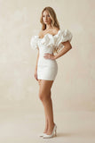 Ruffled Off-the-Shoulder Sheath Satin Wedding Dress in White