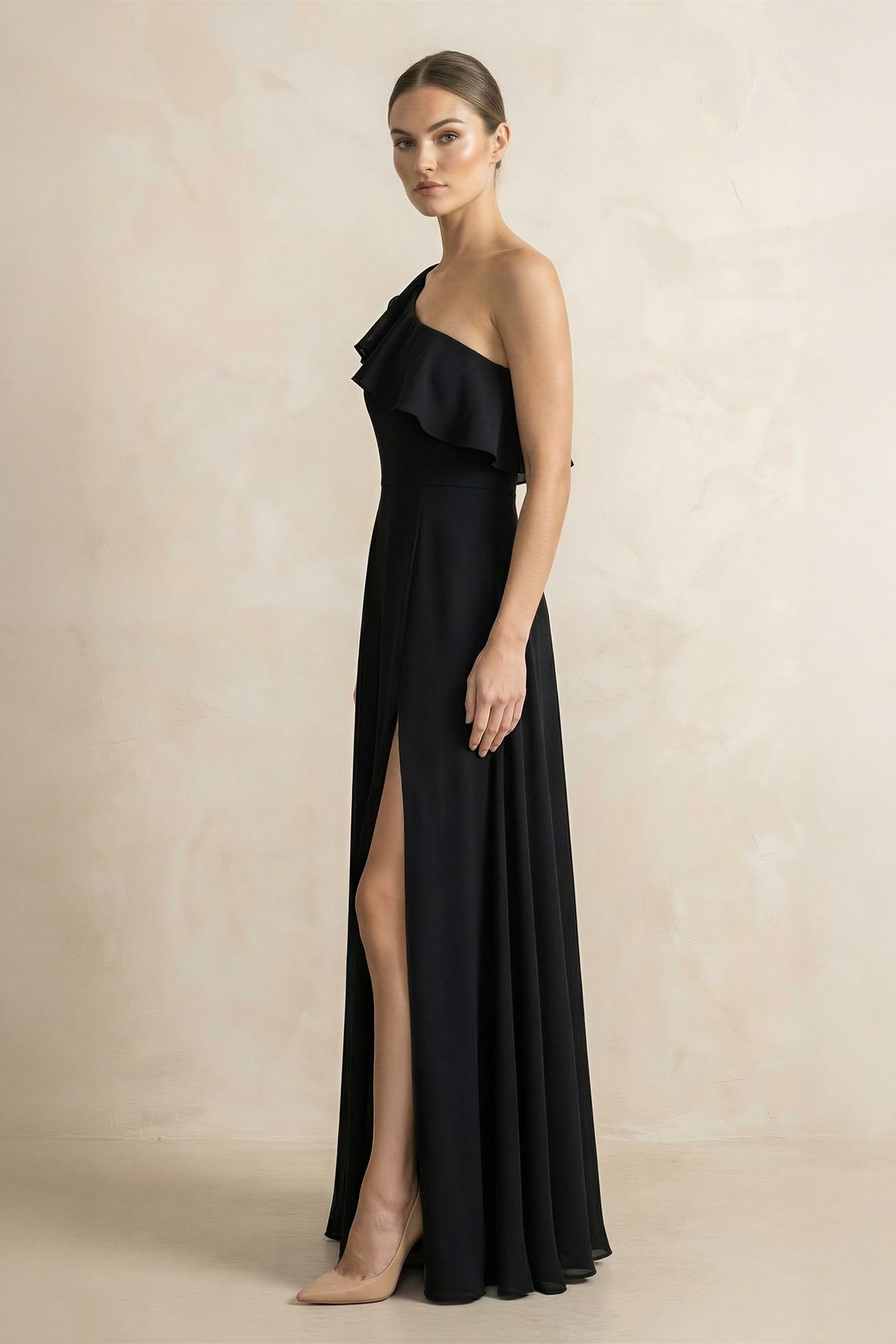 Ruffled One-Shoulder A-Line Chiffon Bridesmaid Dress in Black