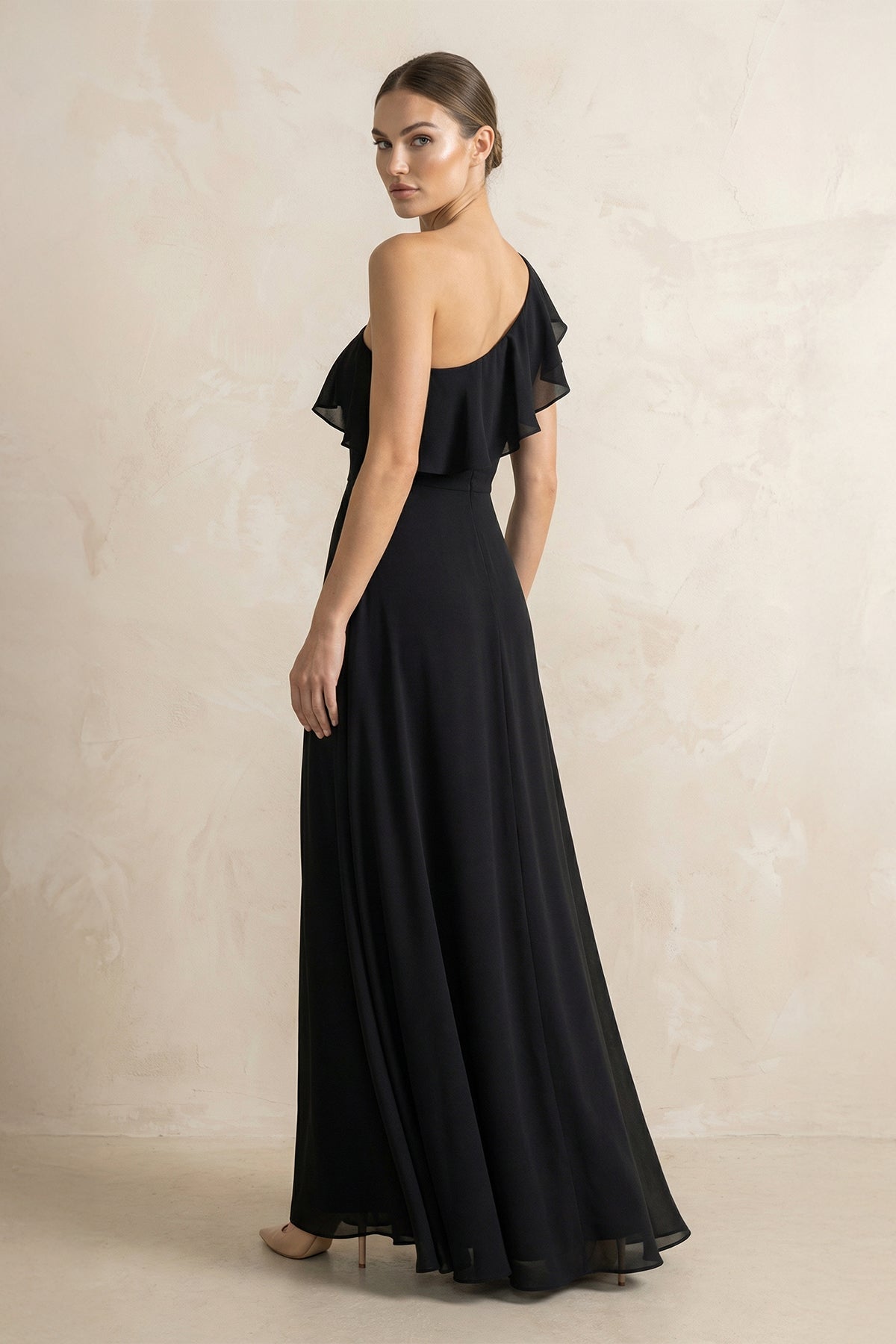 Ruffled One-Shoulder A-Line Chiffon Bridesmaid Dress in Black