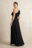 Ruffled One-Shoulder A-Line Chiffon Bridesmaid Dress in Black