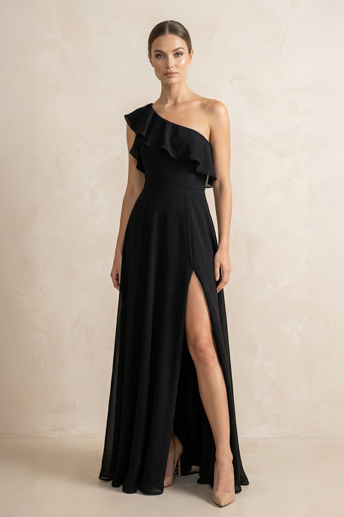 Ruffled One-Shoulder A-Line Chiffon Bridesmaid Dress in Black