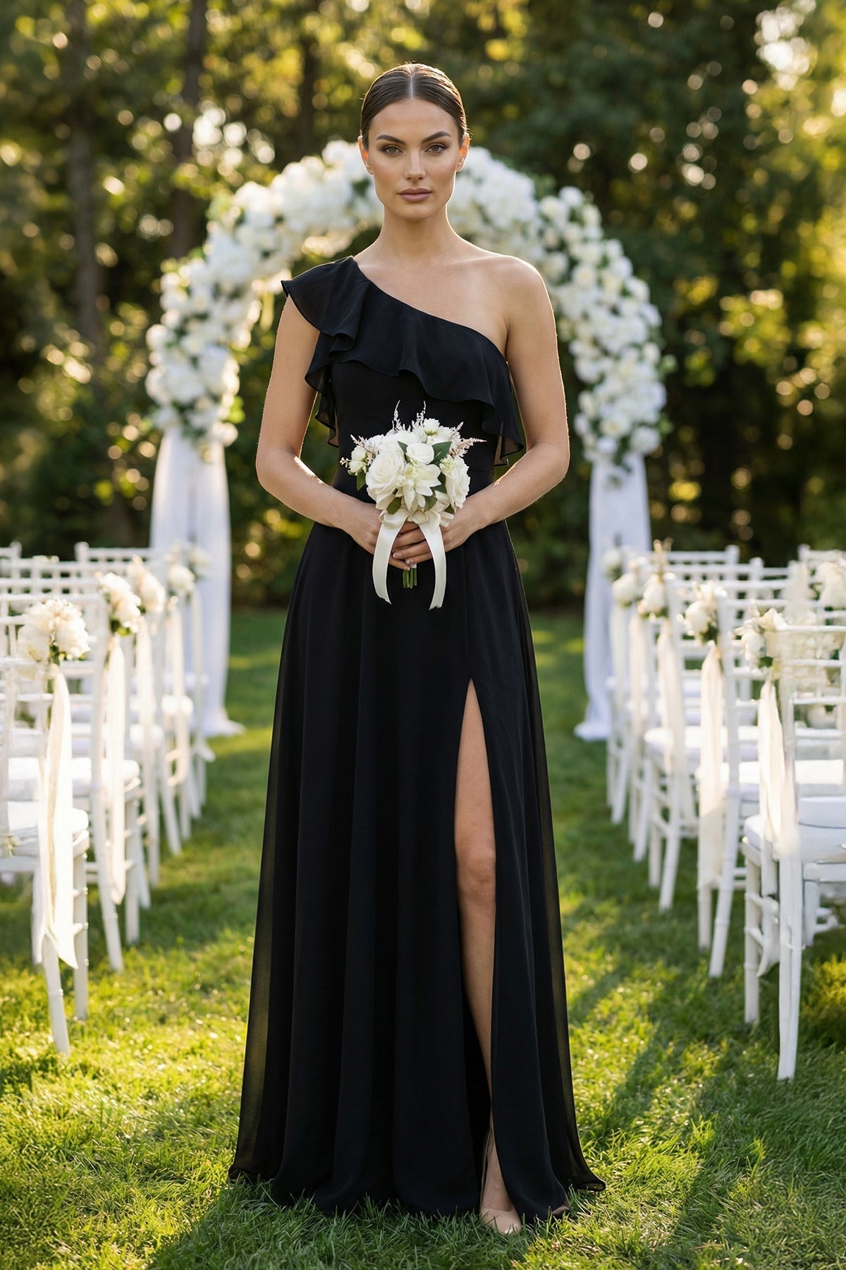Ruffled One-Shoulder A-Line Chiffon Bridesmaid Dress in Black