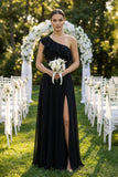 Ruffled One-Shoulder A-Line Chiffon Bridesmaid Dress in Black