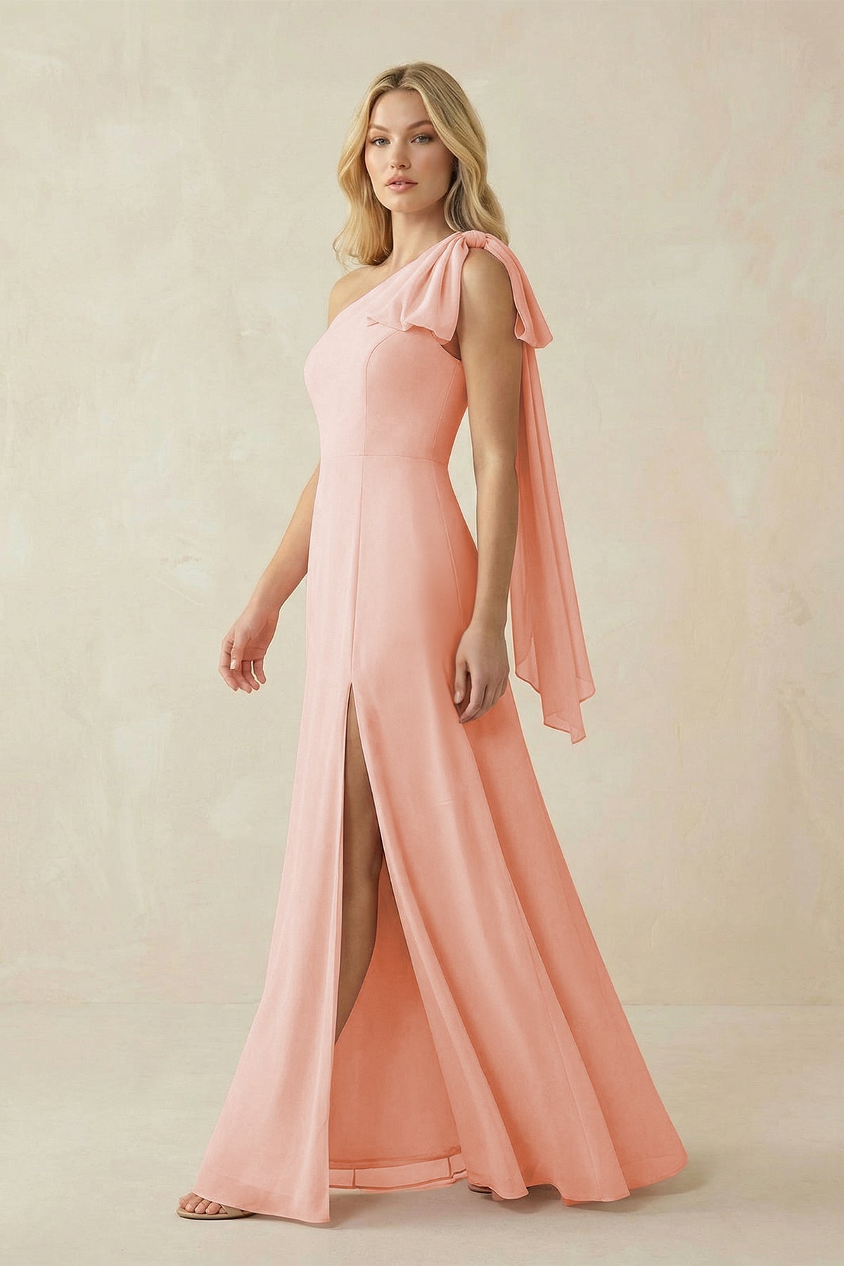 Ruffled One Shoulder Chiffon Bridesmaid Dress With Slit in Rose Petal