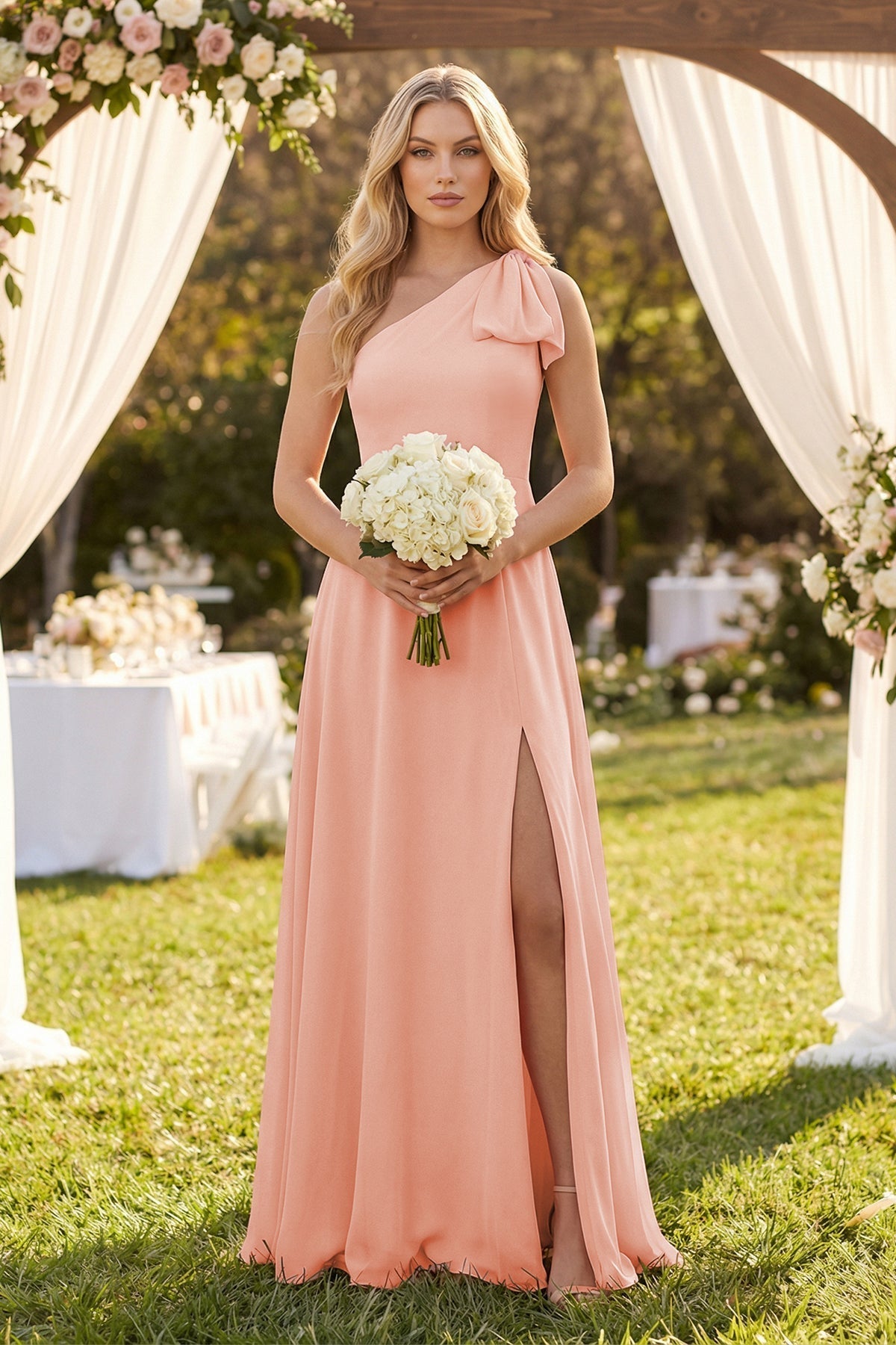 Ruffled One Shoulder Chiffon Bridesmaid Dress With Slit in Rose Petal