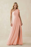 Ruffled One Shoulder Chiffon Bridesmaid Dress With Slit in Rose Petal