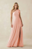 Ruffled One Shoulder Chiffon Bridesmaid Dress With Slit in Rose Petal