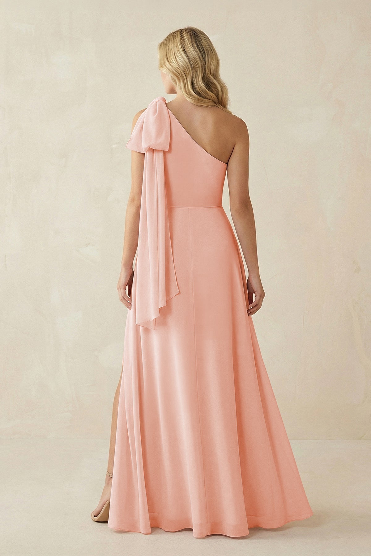 Ruffled One Shoulder Chiffon Bridesmaid Dress With Slit in Rose Petal