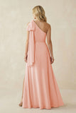 Ruffled One Shoulder Chiffon Bridesmaid Dress With Slit in Rose Petal