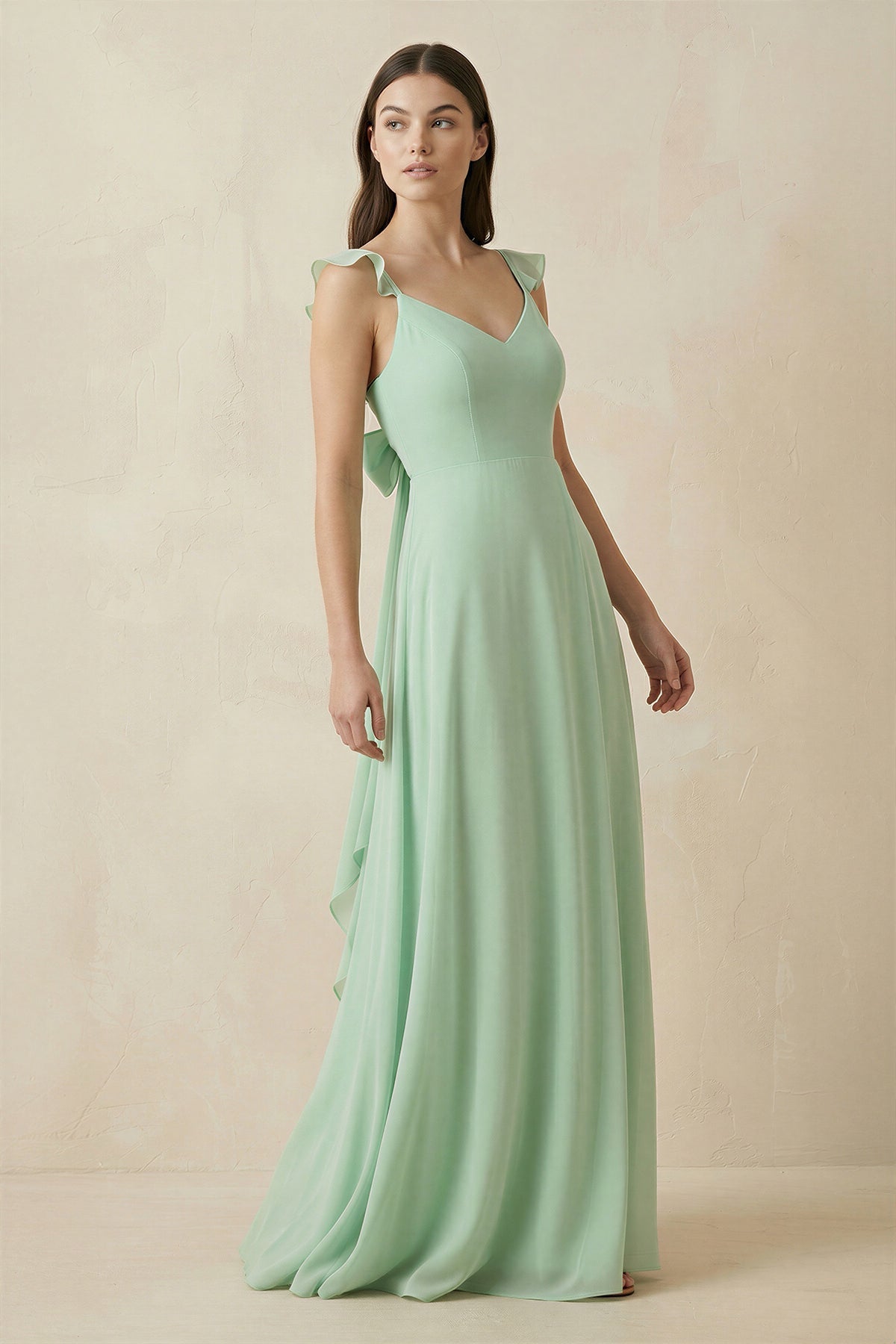 Ruffled Sleeve A-Line Chiffon Bridesmaid Dress in Pale Pistachio