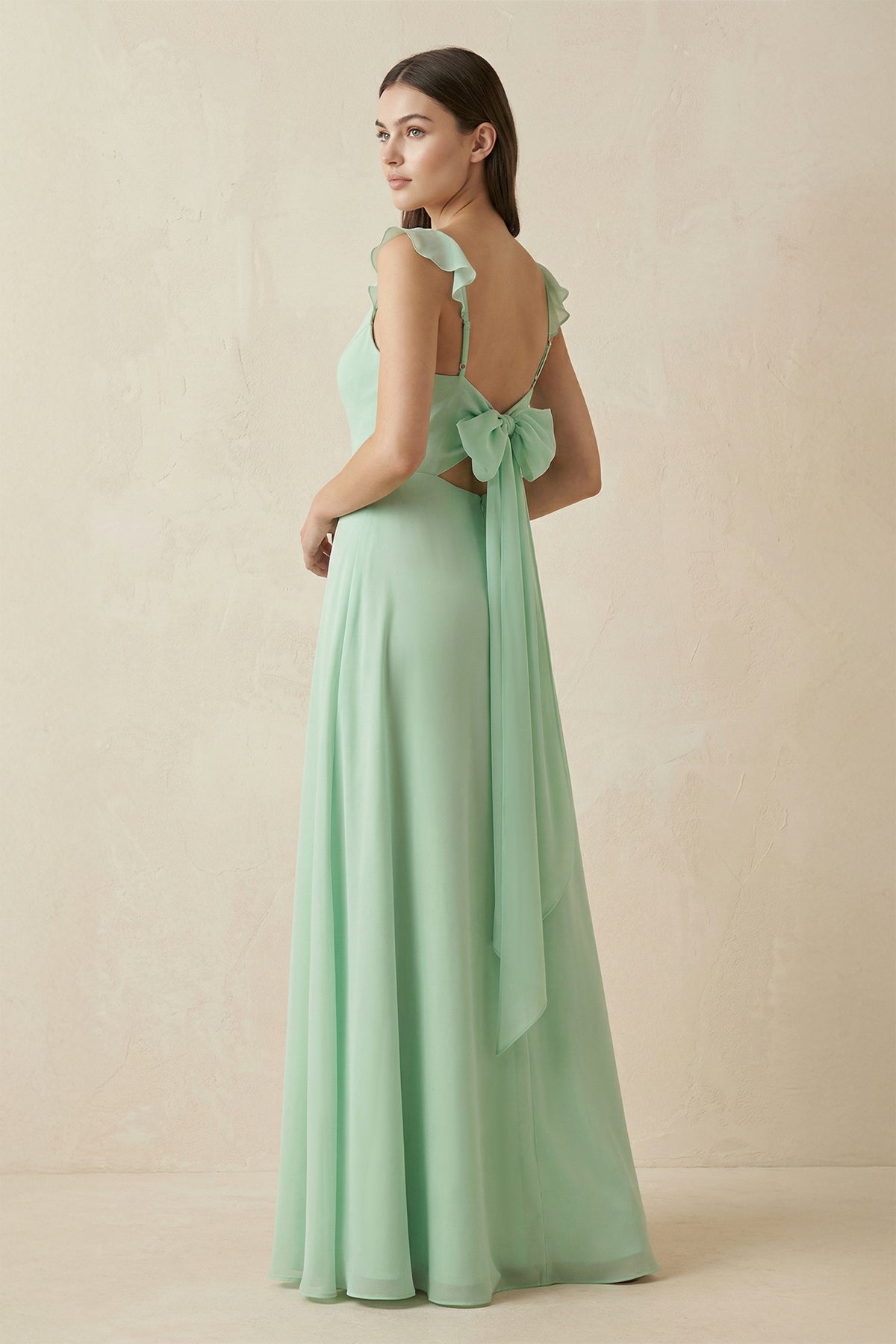Ruffled Sleeve A-Line Chiffon Bridesmaid Dress in Pale Pistachio