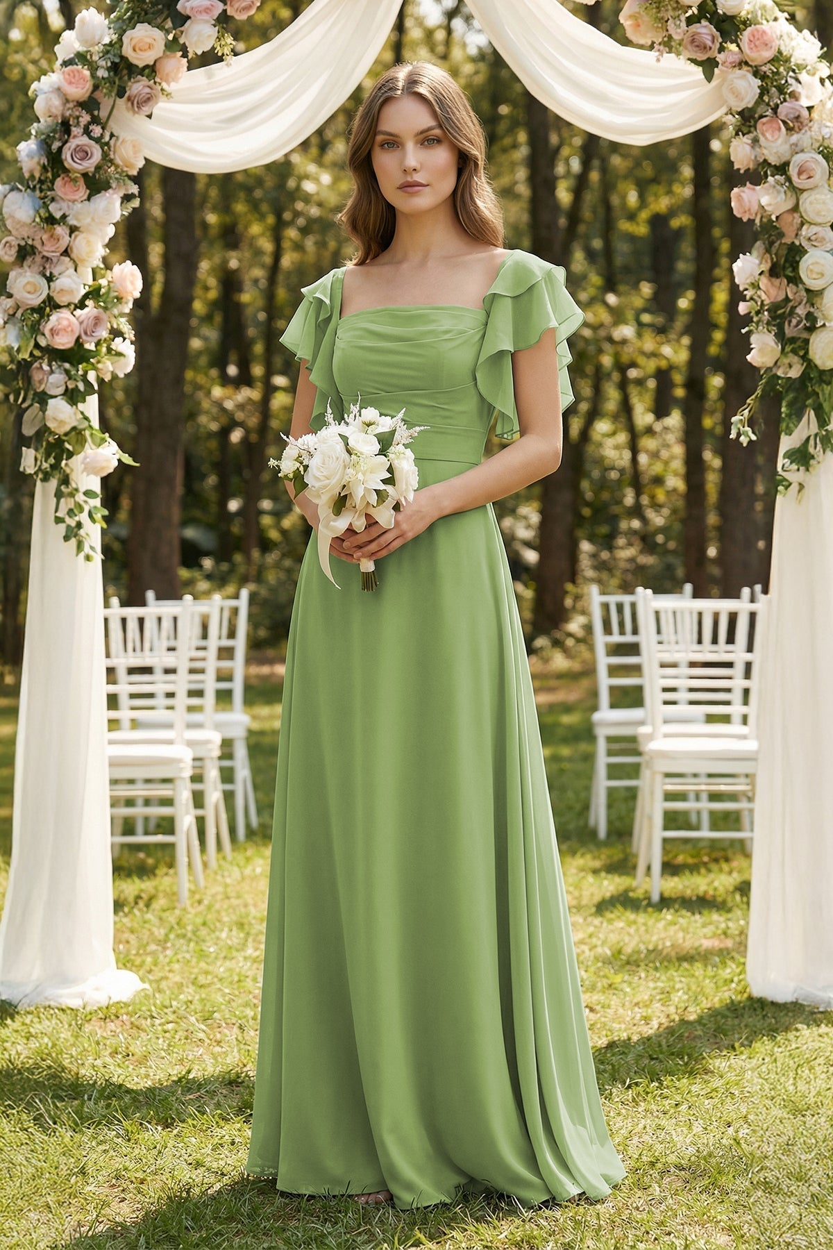 Ruffled Sleeves A-Line Chiffon Bridesmaid Dress in Matcha