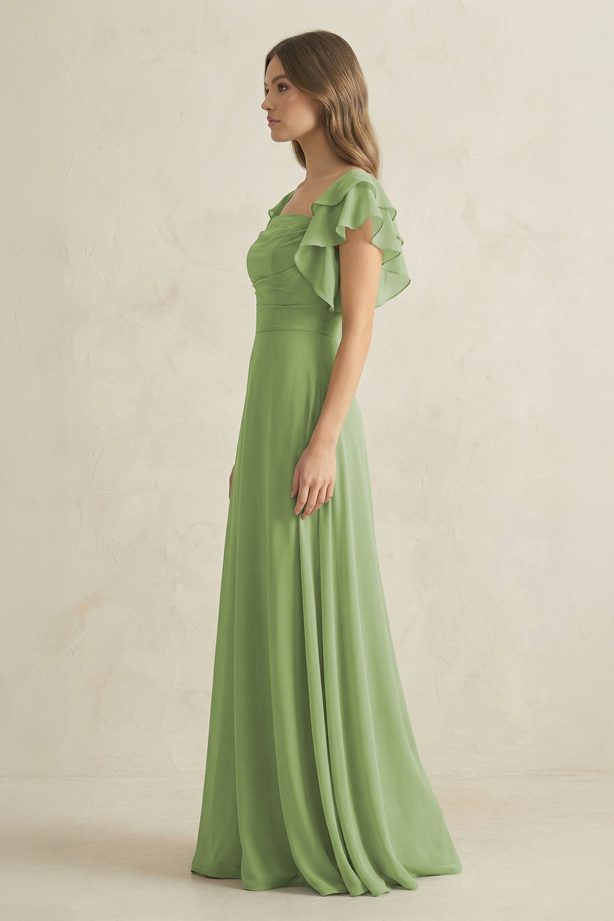 Ruffled Sleeves A-Line Chiffon Bridesmaid Dress in Matcha
