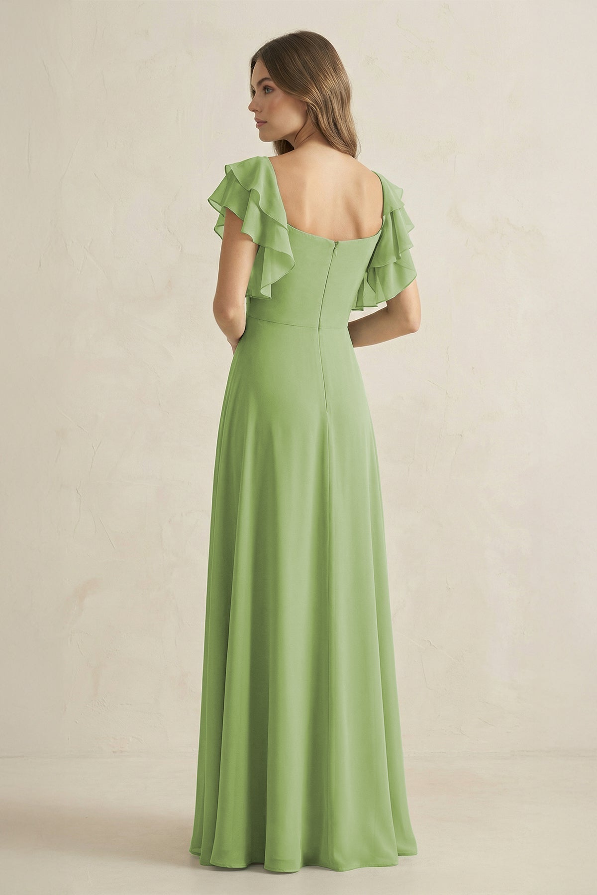Ruffled Sleeves A-Line Chiffon Bridesmaid Dress in Matcha