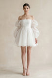Ruffled Sleeves A-Line Tulle Mini Wedding Dress in White