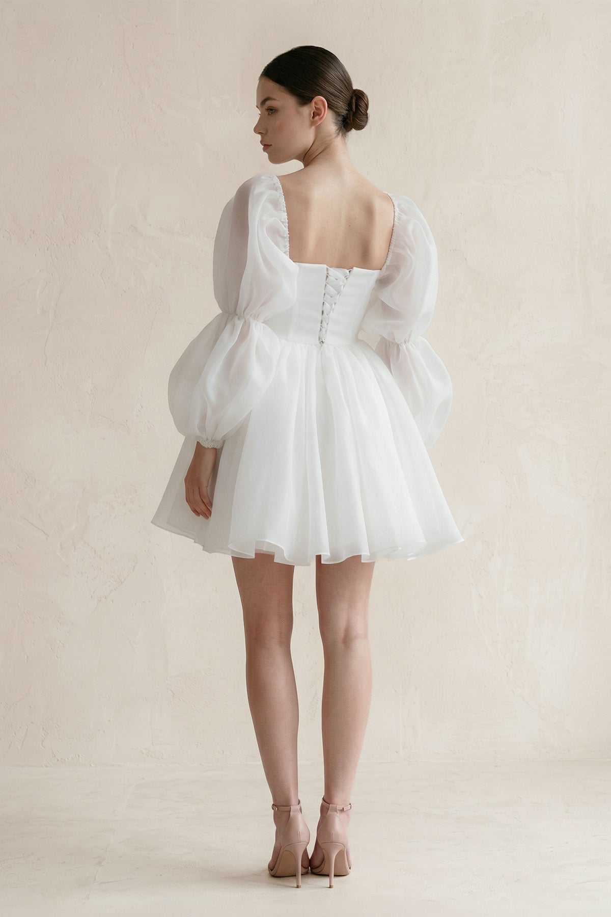 Ruffled Sleeves A-Line Tulle Mini Wedding Dress in White