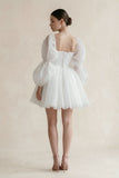 Ruffled Sleeves A-Line Tulle Mini Wedding Dress in White