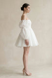 Ruffled Sleeves A-Line Tulle Mini Wedding Dress in White
