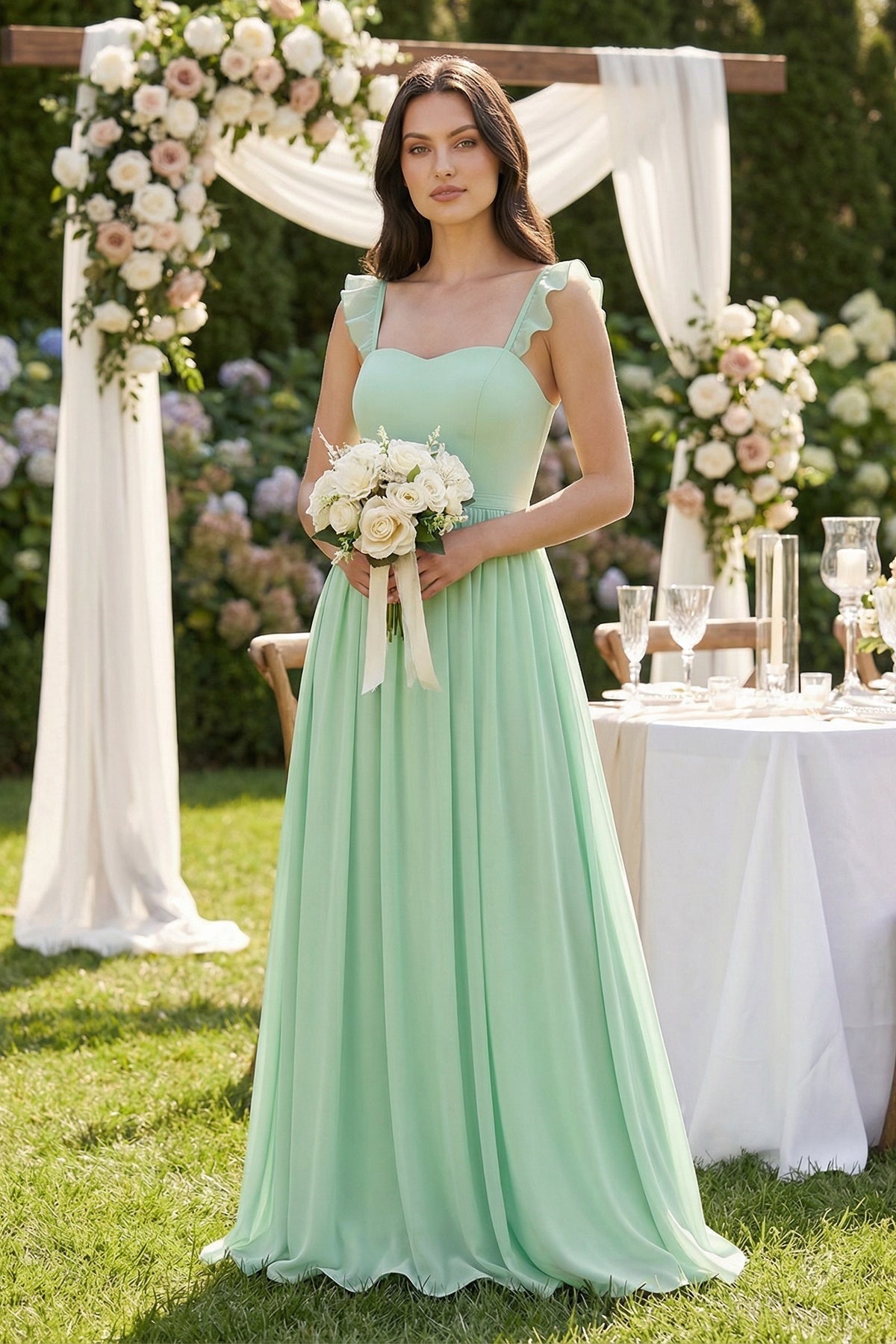 Ruffled Spaghetti Strap Chiffon A-Line Bridesmaid Dress in Pale Pistachio