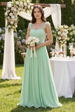 Ruffled Spaghetti Strap Chiffon A-Line Bridesmaid Dress in Pale Pistachio