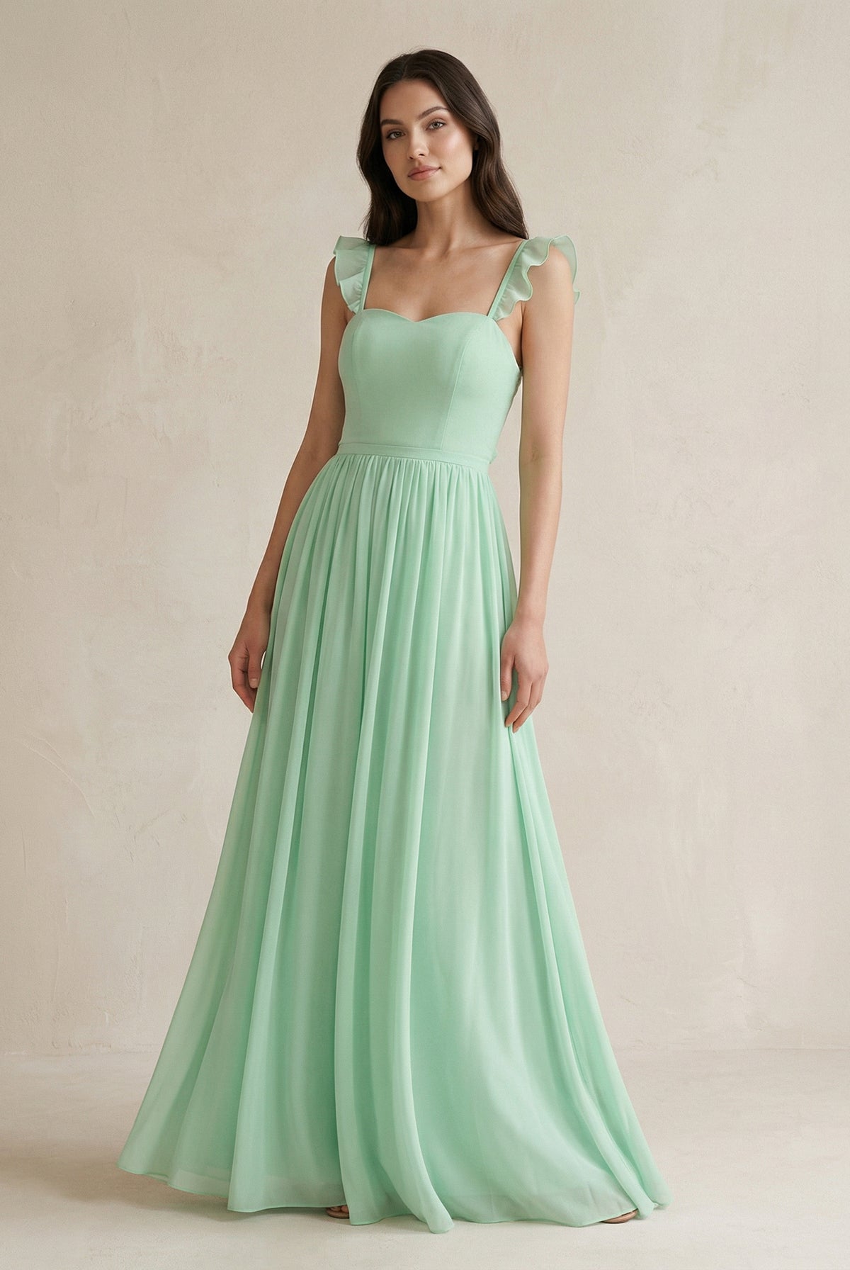 Ruffled Spaghetti Strap Chiffon A-Line Bridesmaid Dress in Pale Pistachio
