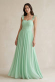 Ruffled Spaghetti Strap Chiffon A-Line Bridesmaid Dress in Pale Pistachio