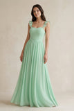Ruffled Spaghetti Strap Chiffon A-Line Bridesmaid Dress in Pale Pistachio