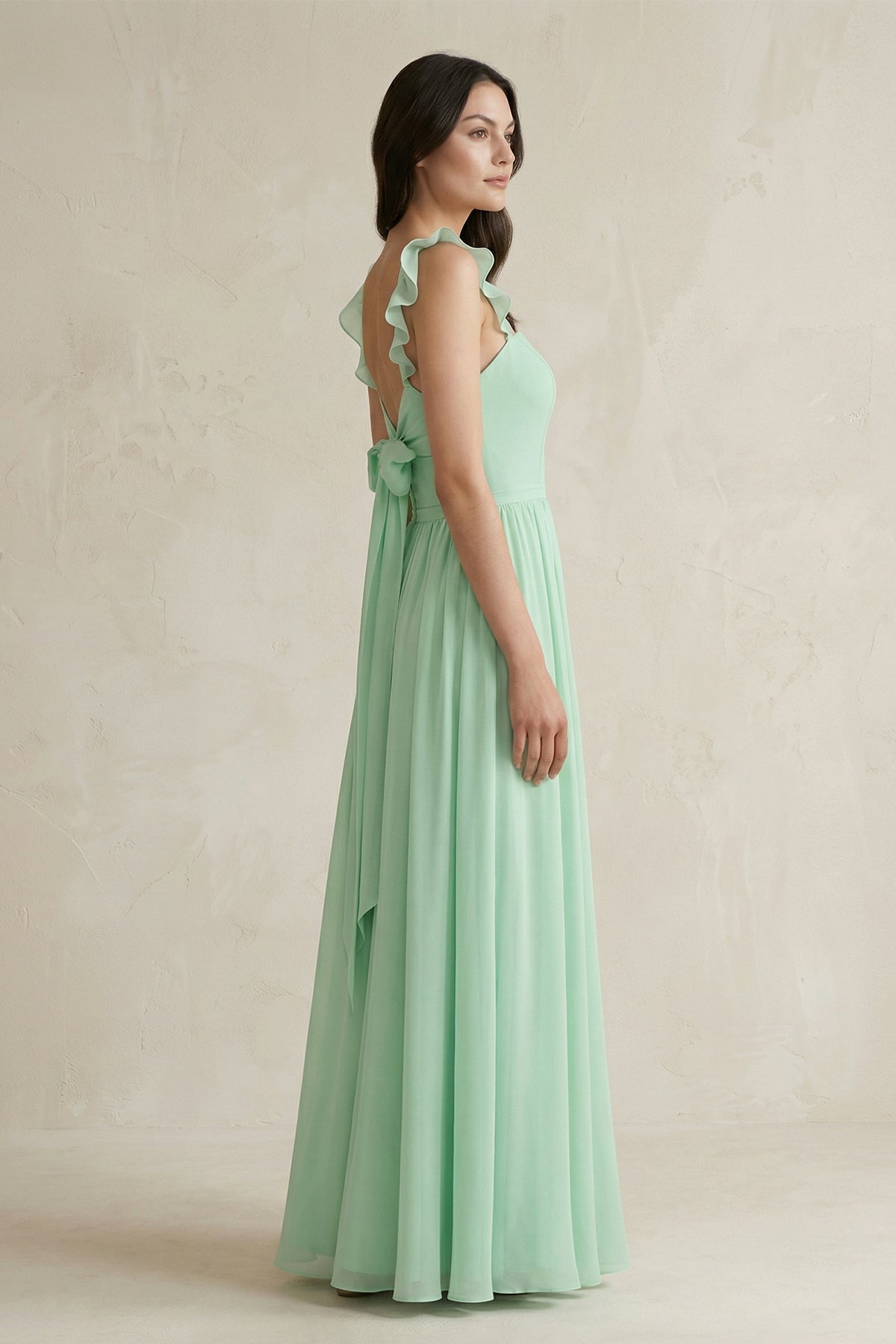 Ruffled Spaghetti Strap Chiffon A-Line Bridesmaid Dress in Pale Pistachio