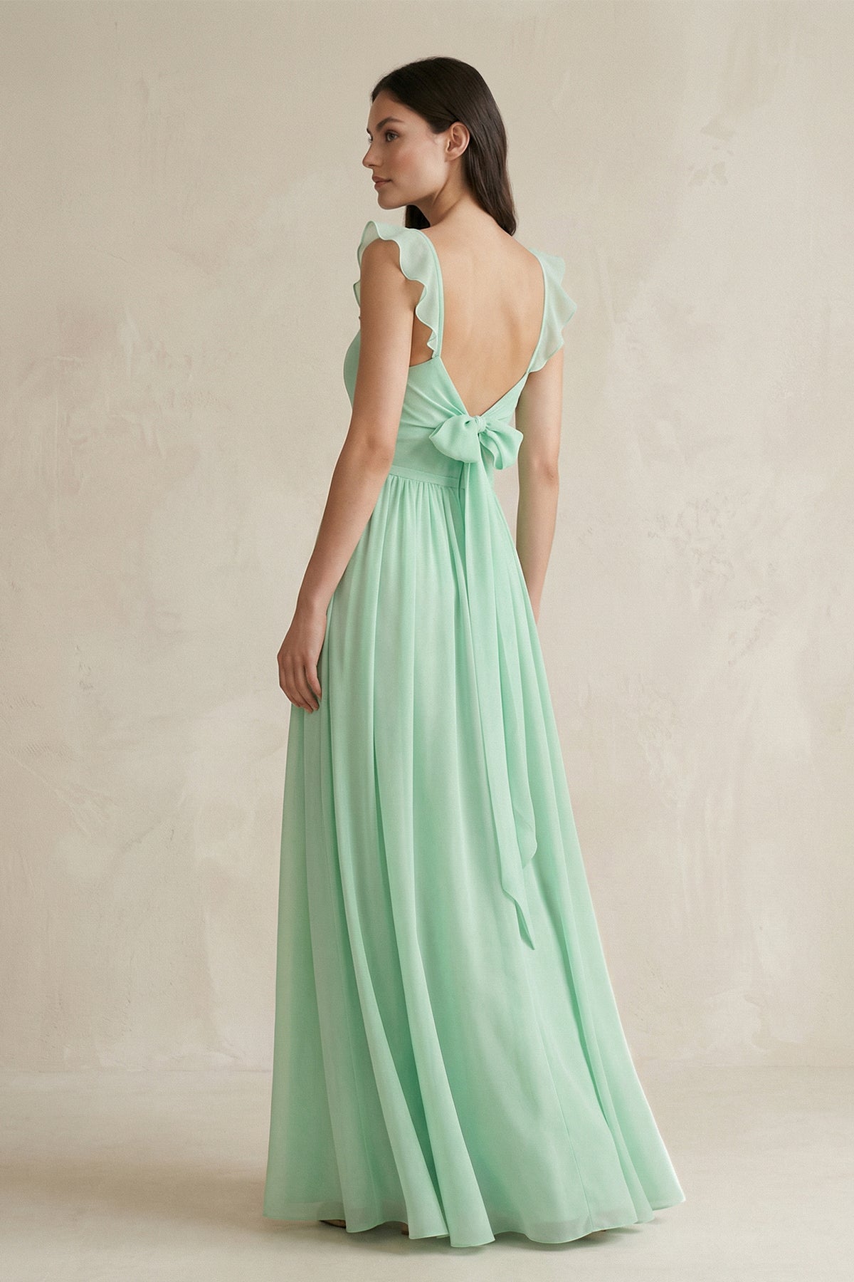 Ruffled Spaghetti Strap Chiffon A-Line Bridesmaid Dress in Pale Pistachio