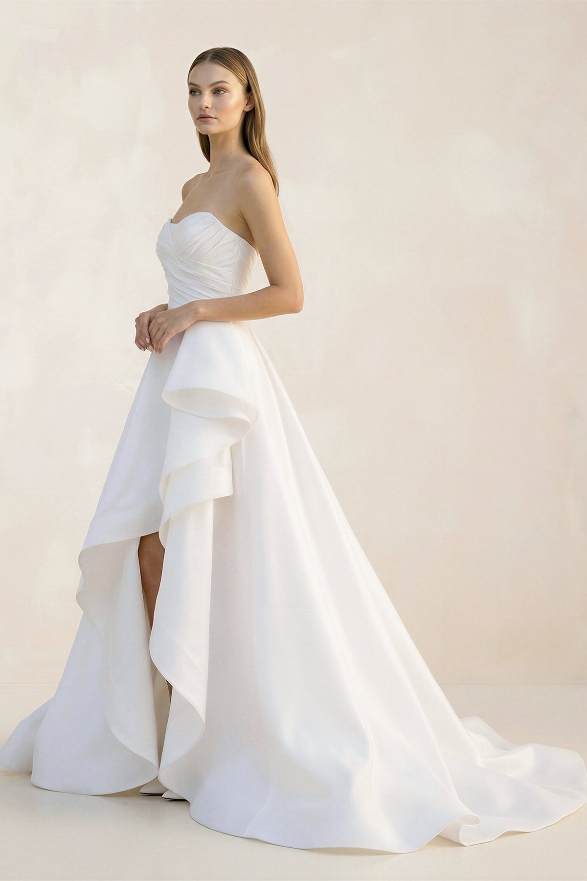 Ruffled Strapless A-Line Ruched Wedding Dress With Slit in White