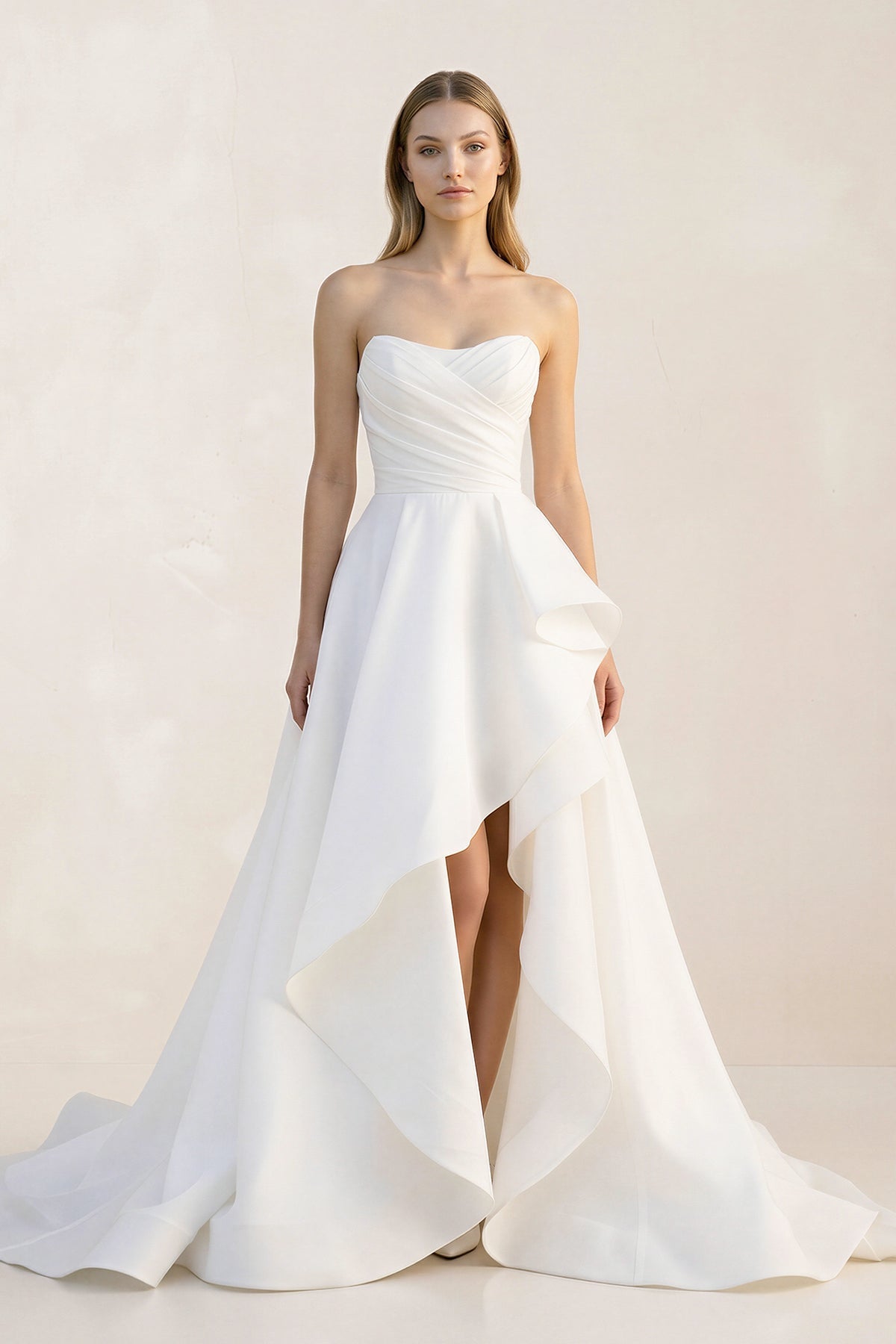 Ruffled Strapless A-Line Ruched Wedding Dress With Slit in White
