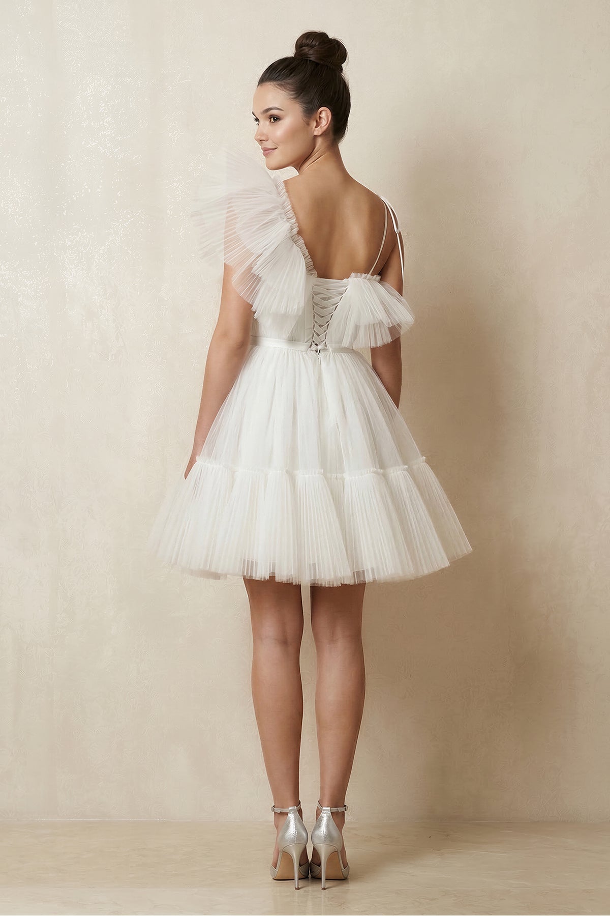 Ruffled Tulle A-Line One-Shoulder Mini Wedding Dress in Ivory