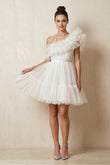 Ruffled Tulle A-Line One-Shoulder Mini Wedding Dress in Ivory