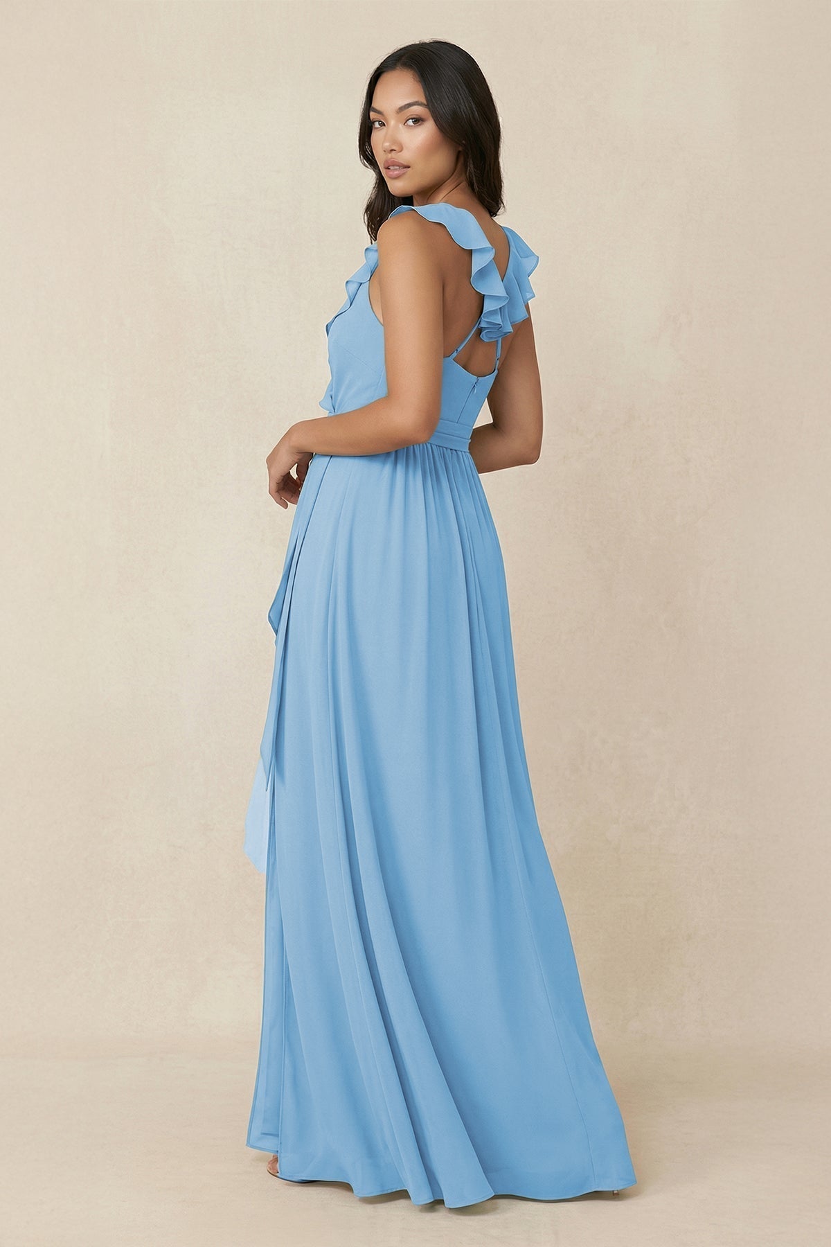 Ruffled V-Neck A-Line Chiffon Bridesmaid Dress in Steel Blue
