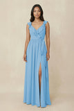 Ruffled V-Neck A-Line Chiffon Bridesmaid Dress in Steel Blue