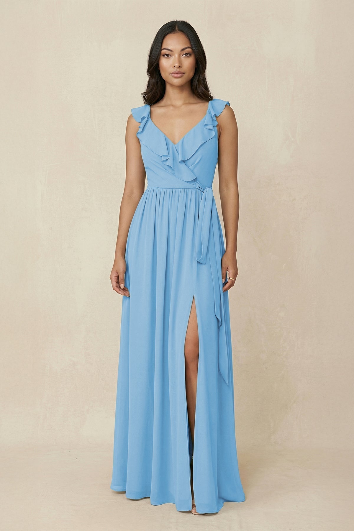 Ruffled V-Neck A-Line Chiffon Bridesmaid Dress in Steel Blue