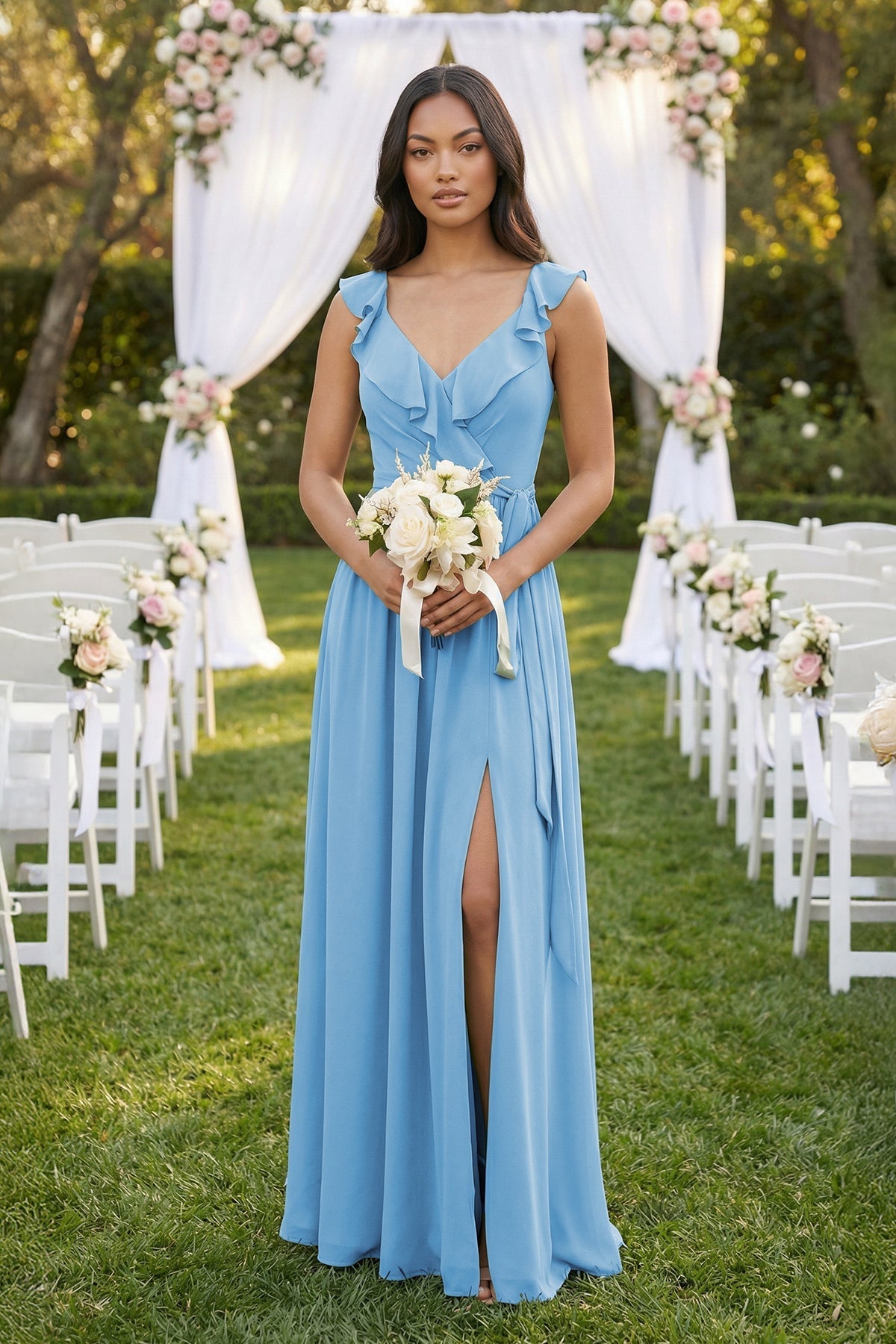 Ruffled V-Neck A-Line Chiffon Bridesmaid Dress in Steel Blue