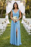 Ruffled V-Neck A-Line Chiffon Bridesmaid Dress in Steel Blue