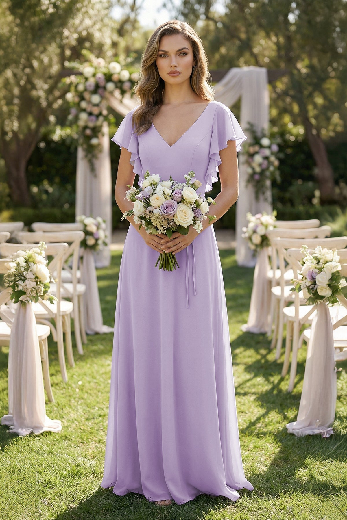 Ruffled V-Neck Chiffon A-Line Bridesmaid Dress in Lavender