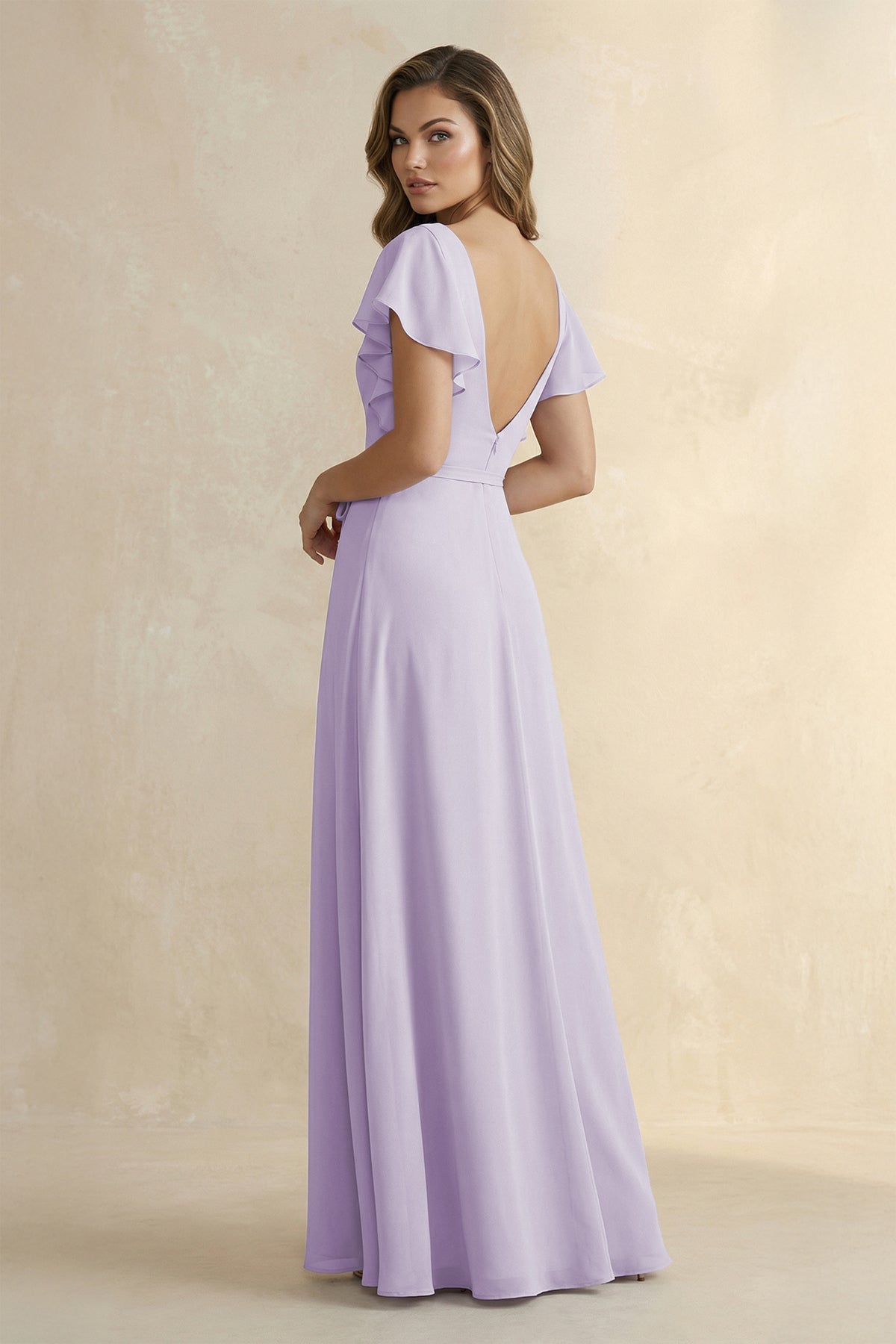 Ruffled V-Neck Chiffon A-Line Bridesmaid Dress in Lavender