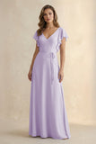 Ruffled V-Neck Chiffon A-Line Bridesmaid Dress in Lavender