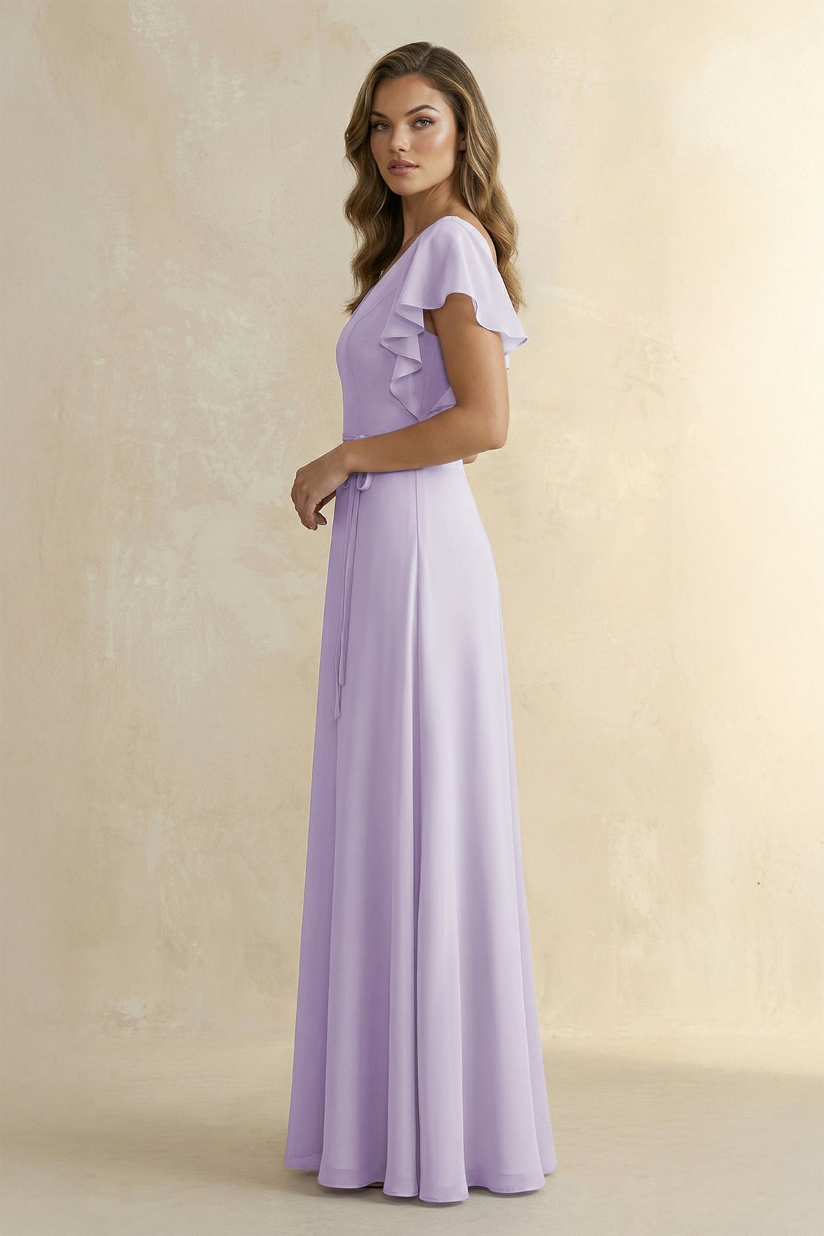 Ruffled V-Neck Chiffon A-Line Bridesmaid Dress in Lavender