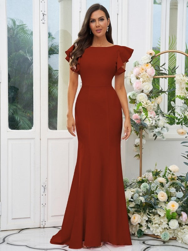 Sheath/Column Stretch Crepe Ruffles Scoop Short Sleeves Sweep/Brush Train Bridesmaid Dresses Evening Dress