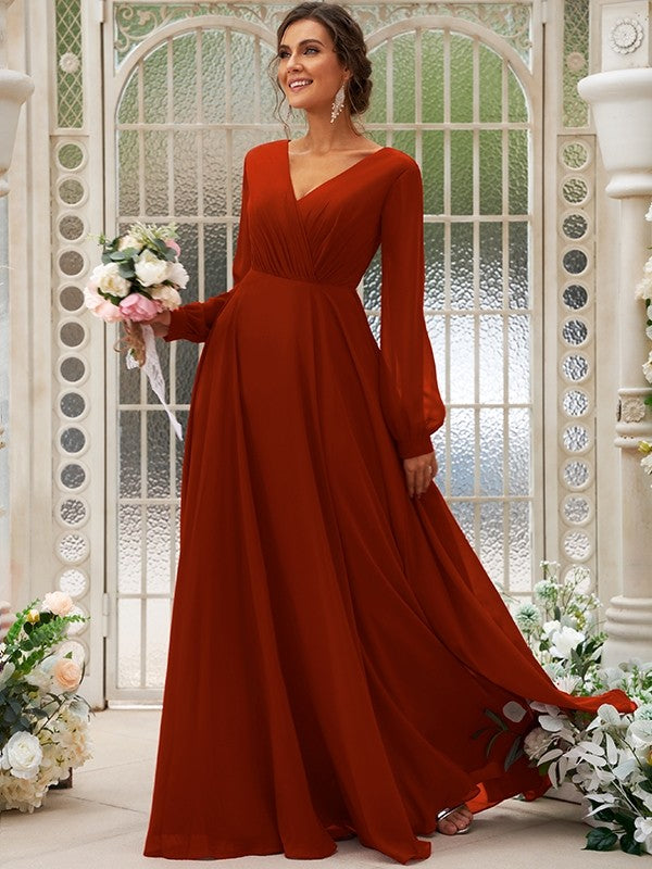 A-Line/Princess Chiffon Ruched V-neck Long Sleeves Floor-Length Bridesmaid Dresses Mother of the Bride Dress