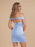 Turquoise - Bodycon Off the Shoulder Satin Short Homecoming Dresses