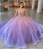 Sky Blue Ball-Gown Tulle 3D Flowers Sweetheart Quinceanera Dresses