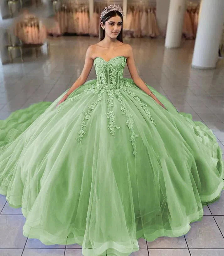 Sky Blue Ball-Gown Tulle 3D Flowers Sweetheart Quinceanera Dresses