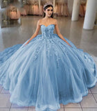 Sky Blue Ball-Gown Tulle 3D Flowers Sweetheart Quinceanera Dresses