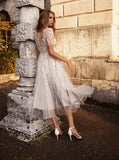 Tea Length Sleeves Ethereal Modern A-Line V-Neck Button Back Wedding Dress